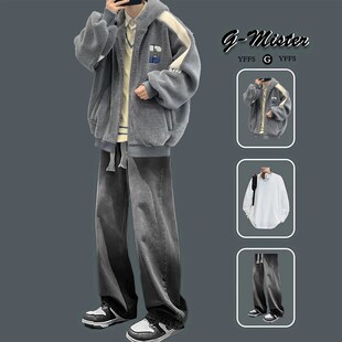 高级感羊羔毛绒外套男棉服套装冬季加绒加厚连帽初高中大学生棉衣