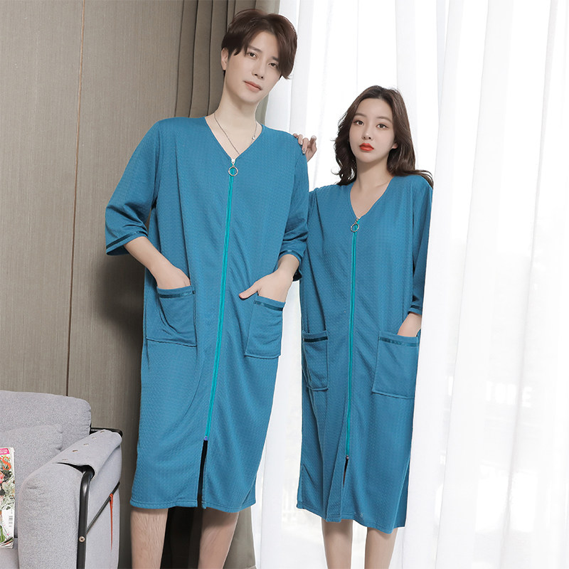 男士连体睡衣春夏薄款一体式套头睡衣男加肥加大码睡裙男拉链浴袍
