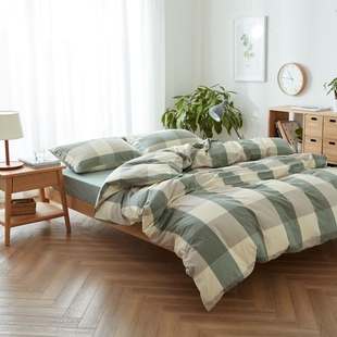 日式简约风格子水洗棉全棉1.8m床上用品四件套纯棉被套床单床笠式