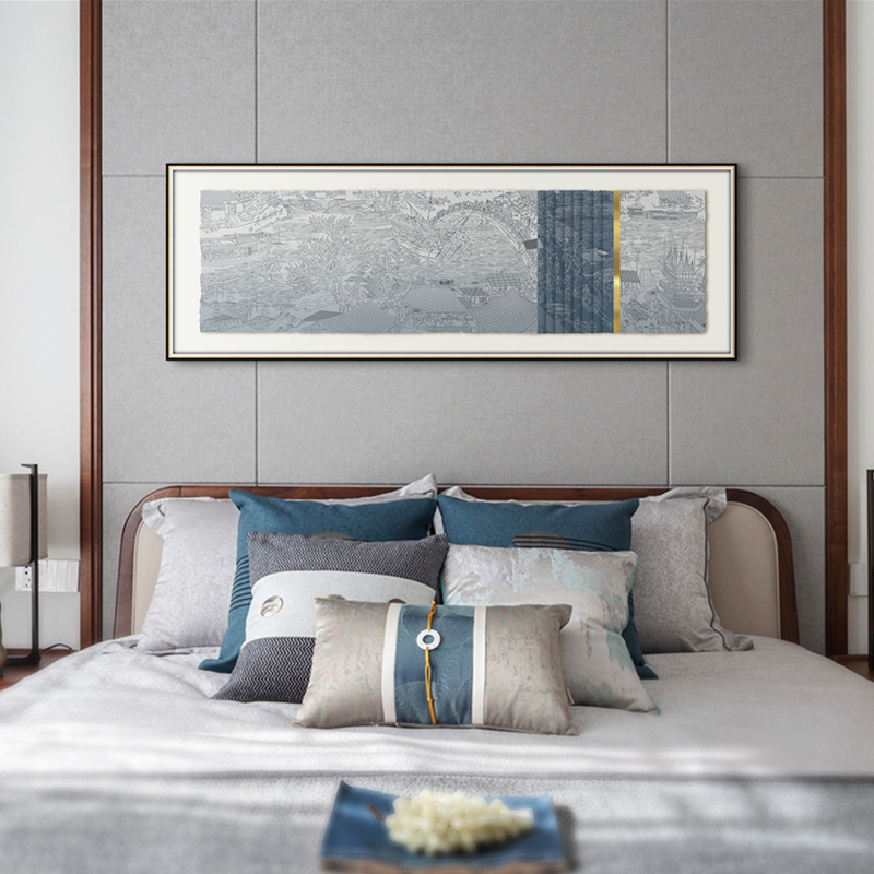 新中式风格客厅书房卧室横幅山水题材巴塞尔金箔立体装裱画装饰画