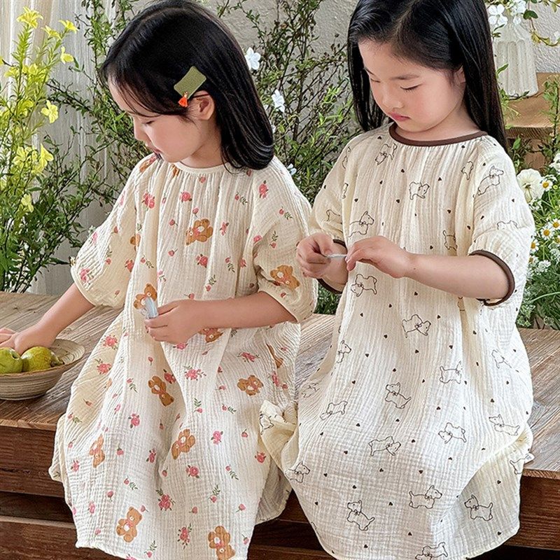 女童睡裙2024夏季纯棉纱布薄款短袖睡衣中大童甜美居家儿童连衣裙,童装/婴儿装/亲子装,家居裙/睡裙,淘宝优惠券,粉丝福利购,淘宝优惠卷