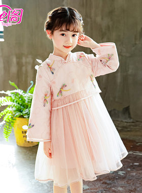 女童中国风网纱裙喇叭袖裙子2021秋装新款儿童立体蜻蜓连衣裙纱裙