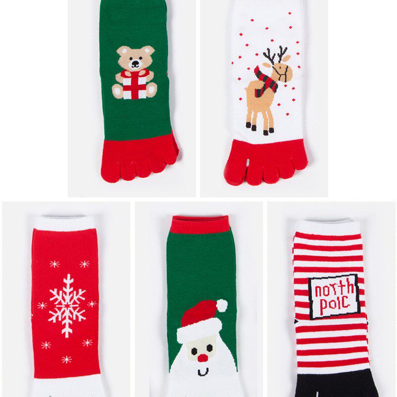 儿童五指袜纯棉冬季男童女童本命年红色中筒亲子圣诞袜矫正脚趾袜
