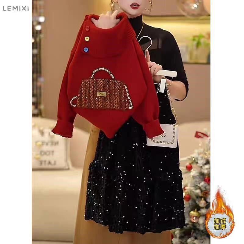 女童毛衣冬季2024新款加厚针织衫本命年儿童装红色新年半身裙套装