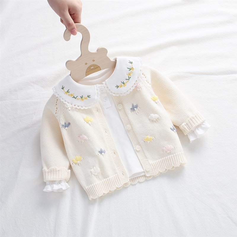 2024春秋季婴儿毛衣外套3个月百天宝宝毛线外搭女童针织开衫纯棉