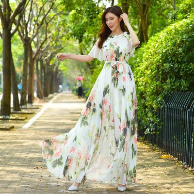 2021女装夏季大摆雪纺气质碎花及到脚踝超长款沙滩大码长裙连衣裙
