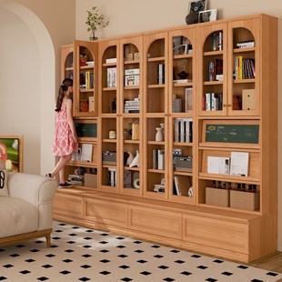 实木卡座书柜樱桃色组合书柜一体整墙去客厅化展示柜带玻璃门满墙