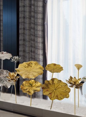 现代风不锈钢仿真荷花荷叶落地摆件室内庭院水池水景装饰金属创意