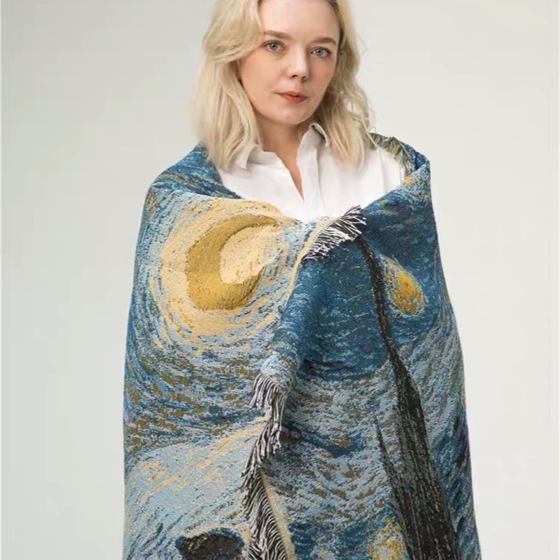 油画文森特梵高星夜星空挂毯装饰毯沙发毯盖毯床毯毛毯针织沙发巾