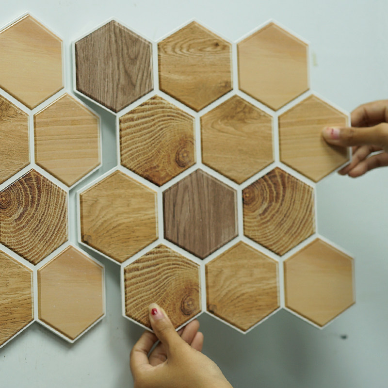 六角木纹3D立体壁贴自粘电视沙发背景墙阳台书房装饰家用温馨加厚