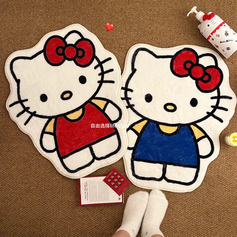 可爱卡通KT猫咪仿羊绒地毯简约凯蒂猫床边毯防滑装饰门垫地垫宿舍