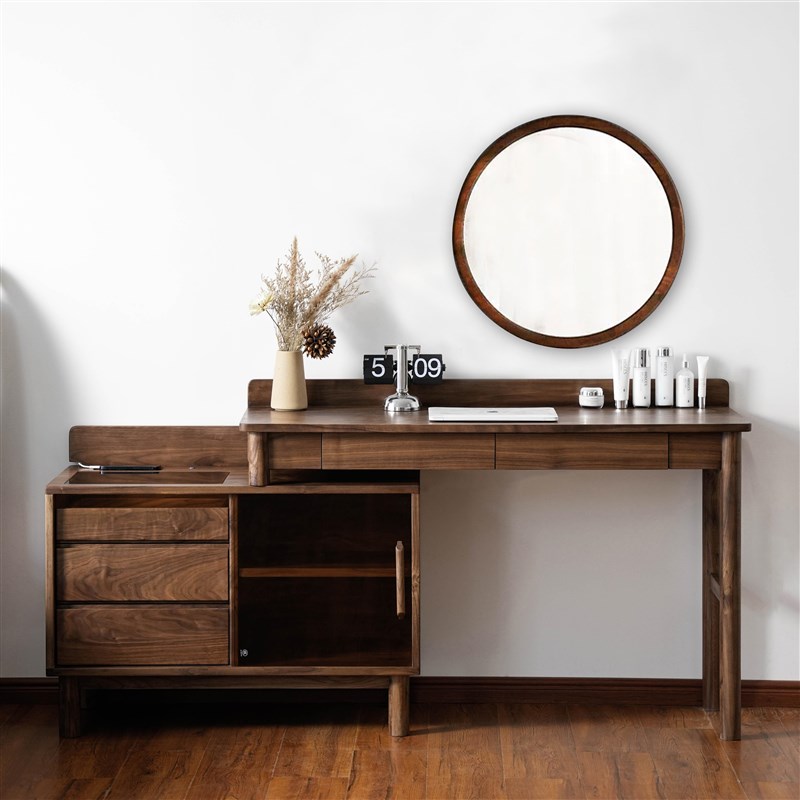 黑胡桃木梳妆台床头柜组合可伸缩转角式实木写字台电脑化妆桌一体