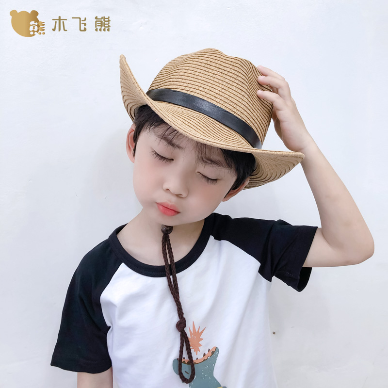儿童爵士帽夏天男童草帽可折叠爸爸牛仔帽遮阳礼帽亲子沙滩帽大檐