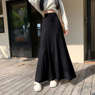 黑色长裙秋冬针织半身裙超长裙子女到脚踝长款a字裙高个子百褶裙