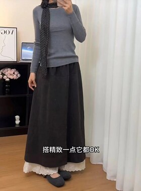 黑灰色蕾丝拼接裙裤25春季女大码胖mm假两件屁帘a字长款阔腿裤裙