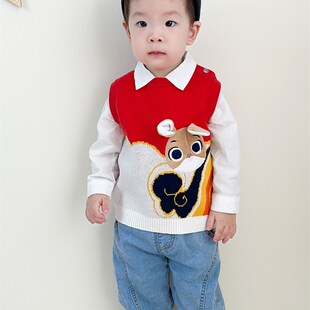 宝宝马甲男女童国风小兔卡通红色毛衣上衣圆领婴儿毛衣针织背心潮