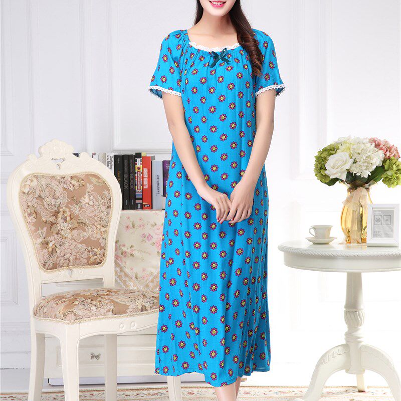 夏季女士短袖纯棉绸薄款超柔凉快护膝长款大码公主睡裙睡衣家居服