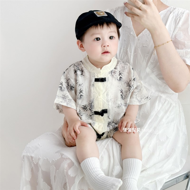 中式男宝宝连体衣夏季薄款婴儿衣服夏装满月百天周岁礼服夏天洋气