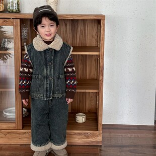 暮晨家新款冬装2024男童羊羔毛牛仔马甲儿童加绒加厚直筒裤两件套