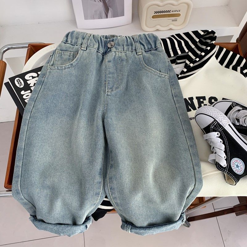 男女童春装牛仔裤2025新款儿童柔软浅色裤子洋气中小男孩卡通长裤