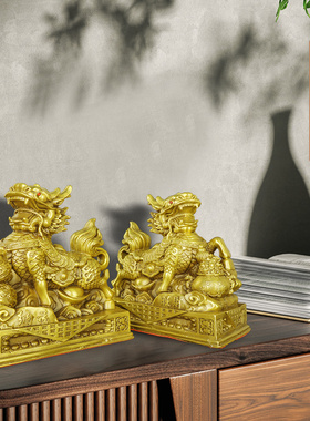 铜麒麟摆件一对黄铜踩葫芦聚宝盆家居办公室店铺客厅公司装饰礼品