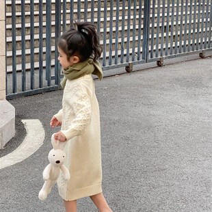 女童中长款毛衣裙秋冬款韩国童装儿童时髦打底裙女宝宝针织连衣裙