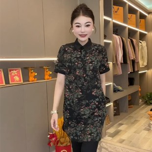 2024年夏季新款雪纺衫洋气显瘦花色半开领中长款短袖衬衫裙女上衣