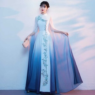 新款水袖古筝礼服显瘦中国风成人民乐独奏演出服学生艺考大合唱服