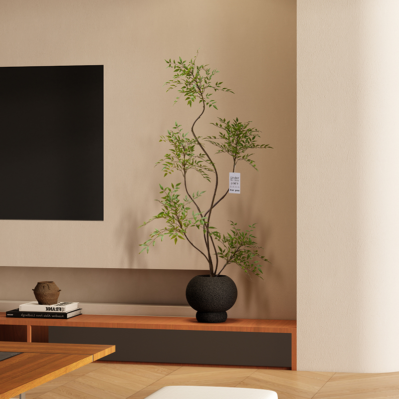 森空间电视柜旁绿植落地装饰摆件假树植物大型软装美陈原木风摆设