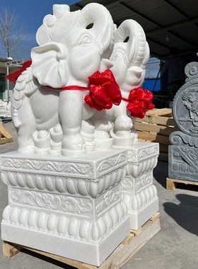 汉白玉石雕大象一对酒店别墅门口石象天然晚霞红家用庭院小象定制