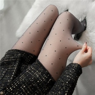 加绒波点黑丝袜高透黑色光腿神器打底裤秋冬季加厚保暖复古连裤袜