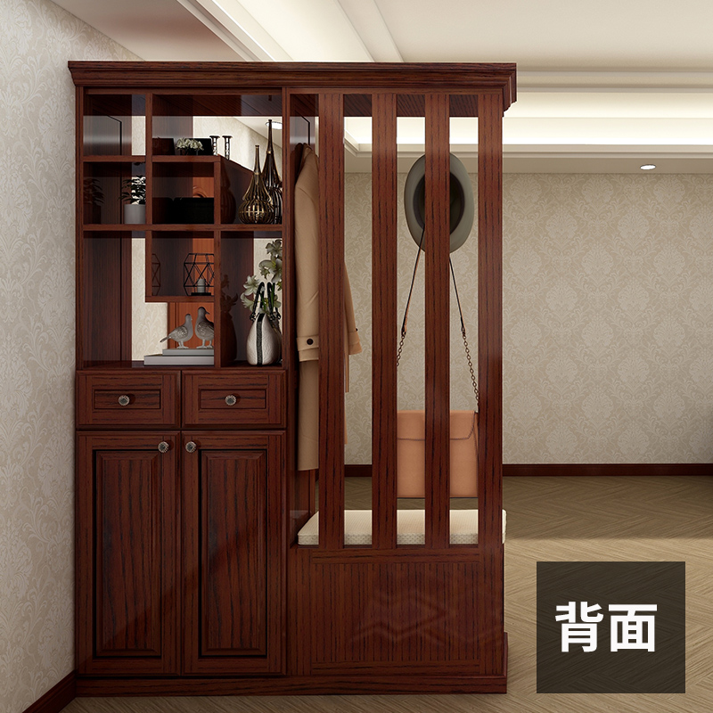 美式实木门厅柜双面进门多功能衣帽柜屏风镂空间厅隔断客厅白腊木