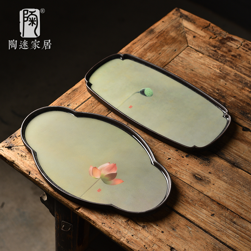 陶迷荷花壶承小茶台复古干泡盘长方形茶托家用简约功夫茶具配件
