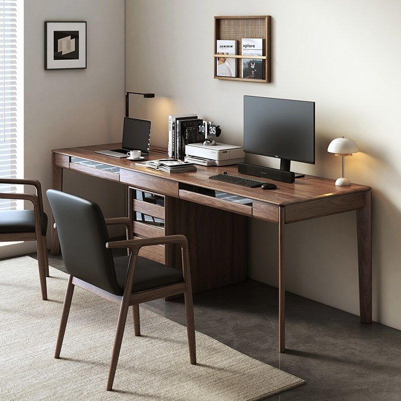 北美黑胡桃实木双人靠墙长书桌现代家用办公桌简约电脑写字桌书房