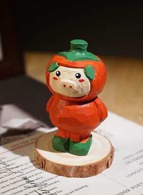 《猪柿顺利》皆宜手工木雕小摆件迷你卡通可爱动物木质雕刻创意