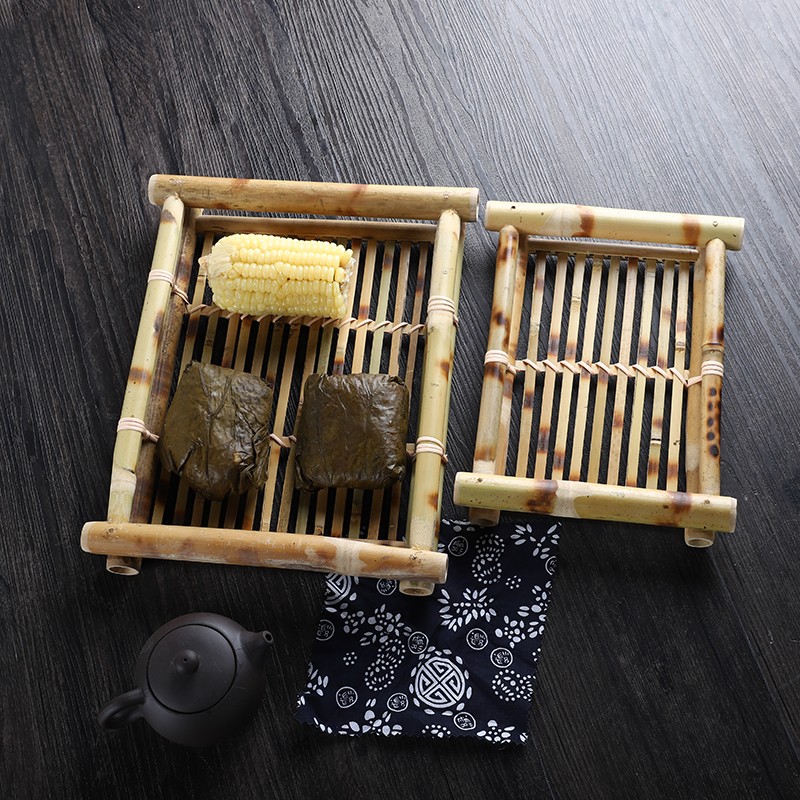 竹制复古茶托竹编果盘桌面点心盘竹篮竹盘筐方形中国风茶几摆件