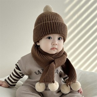 宝宝帽子围巾秋冬季婴儿两件套装保暖针织帽0-1-2到3岁儿童毛线帽