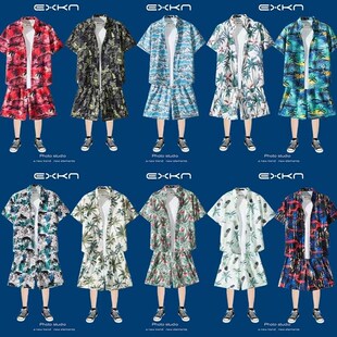 夏季三亚风沙滩套装男女短袖花衬衫休闲夏威夷海边情侣短裤两件套