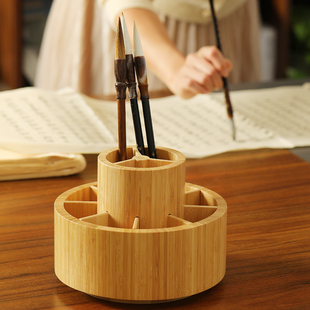 创意圆形可转动竹木笔筒毛笔文房四宝学生办公室桌面多功能收纳盒