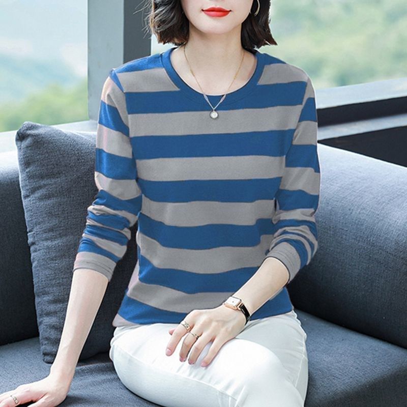 2024新款早秋装纯棉长袖t恤女宽松大码打底衫条纹中老年上衣内搭