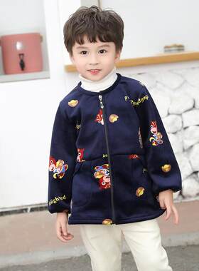 男童宝宝羽绒服罩衣儿童画画秋冬季长袖加厚护衣毛绒小孩吃饭外套