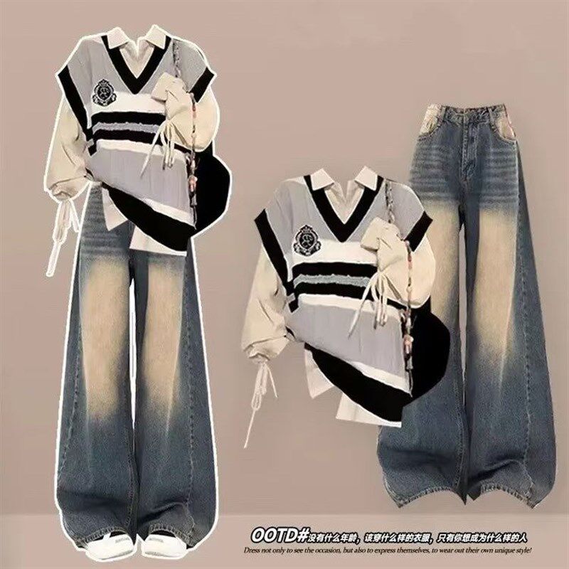 15少女春季衬衫马甲13岁一套衣服12初中学生14-17少女牛仔裤套装