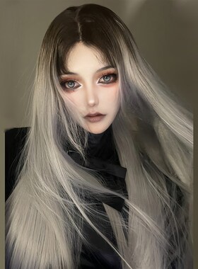 灰色渐变色中分长直发手勾前额蕾丝全头套女y2k八字刘海日常自然