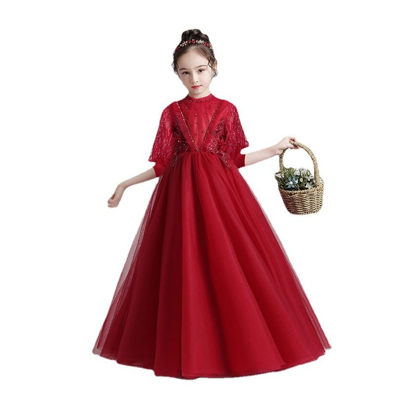 儿童晚礼服红色公主裙女童钢琴演出服走秀花童婚纱生日主持人秋冬