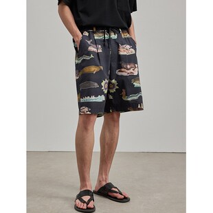 纯棉夏威夷度假满印松紧腰抽绳休闲短裤 夏 22SS WtW