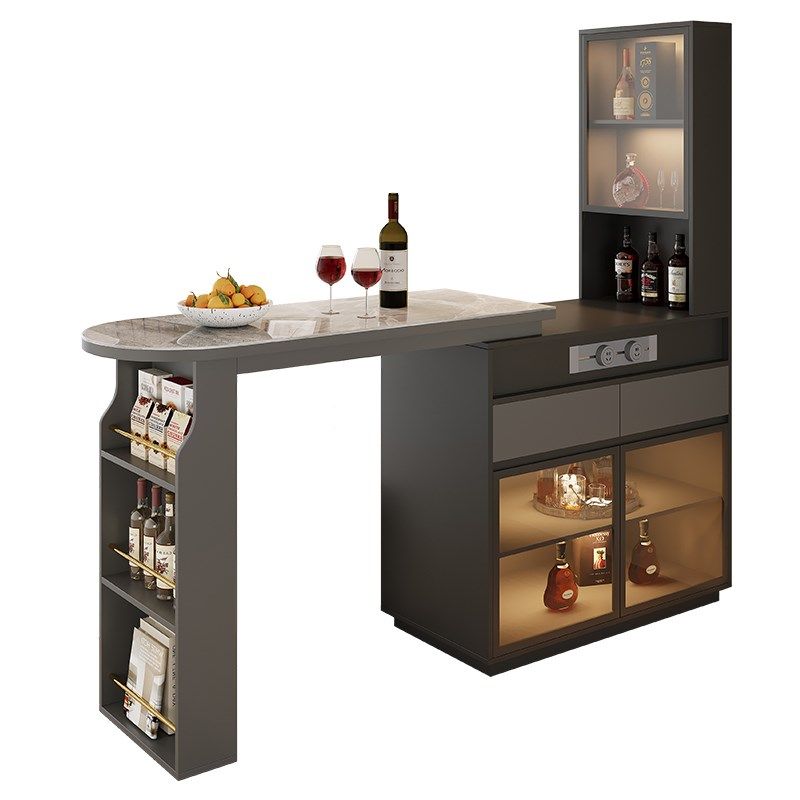 轻奢岩板吧台桌酒柜一体家用客厅可伸缩实木带插座沙发吧台隔断柜