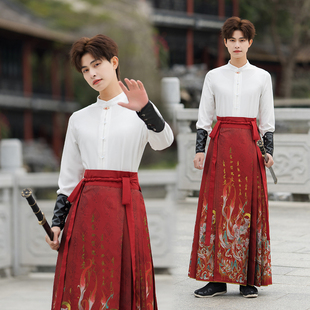 汉服中国风武侠古装 马面裙上衣男士 男装 古风九尾狐织金红色新中式
