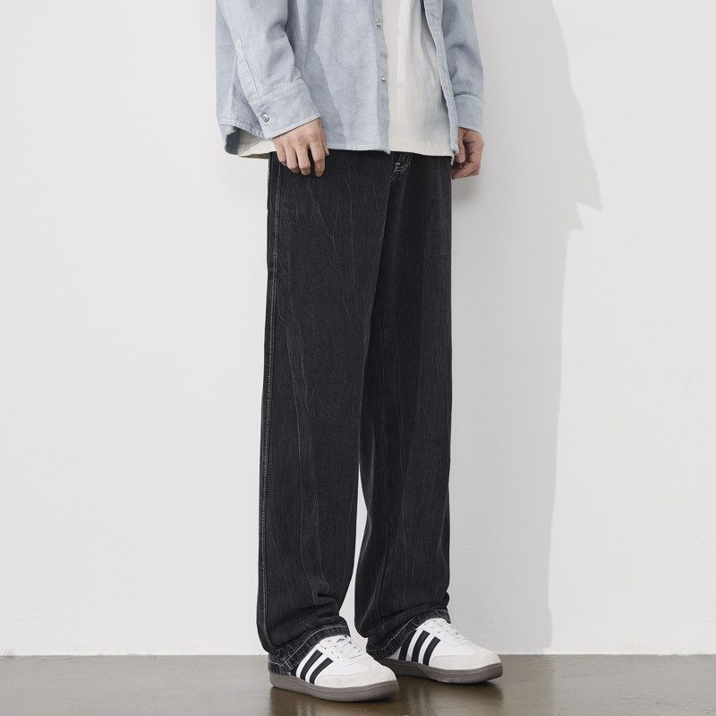 雅仓黑色牛仔裤男宽松直筒秋季新款阔腿垂感扎花百搭男士休闲裤子