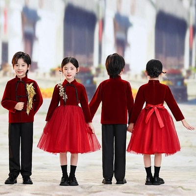 儿童中国风演出服男童合唱服红色礼服女童琵琶民乐演奏古筝表演服