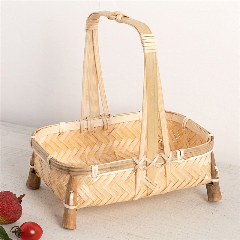 竹编手提篮复古编织篮子桌面创意手工小竹篮家用茶点水果糕点托盘